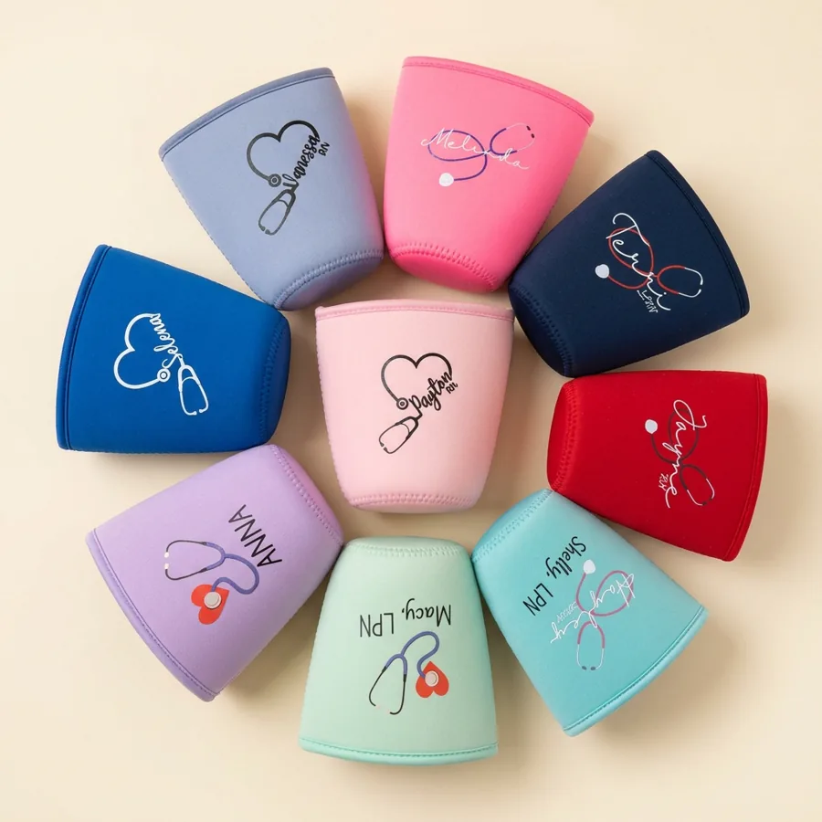 Multicolor personalized nurse stethoscope drink sleeves for a hospital team order