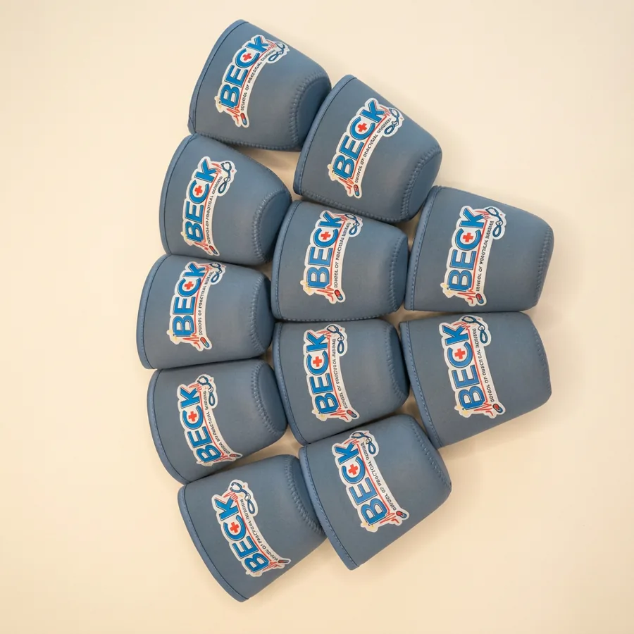 Slate blue nursing school logo drink sleeves for a group order