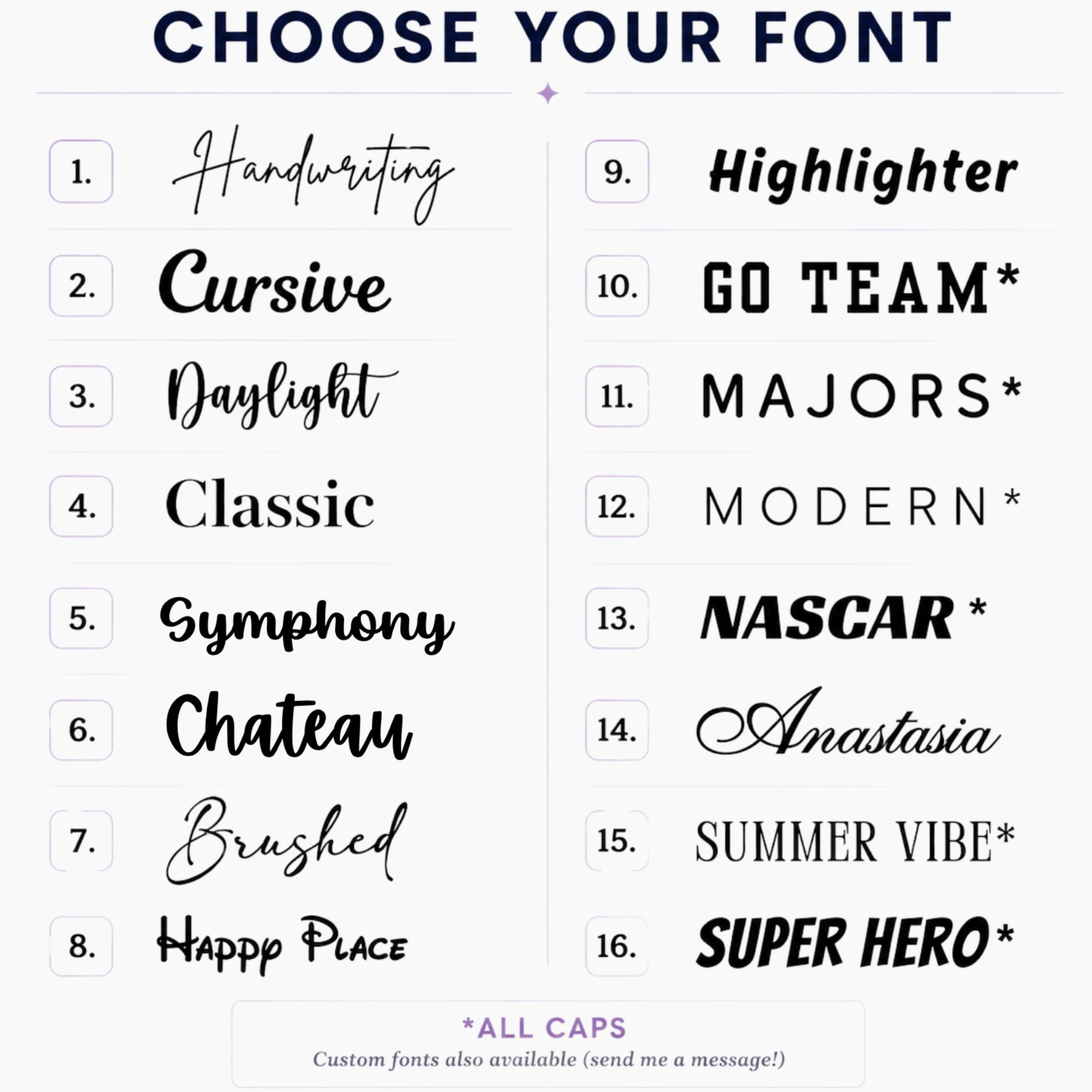 Numbered font samples for custom drink sleeve lettering