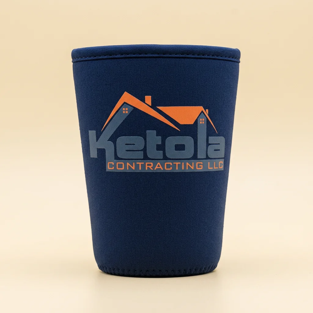 Navy sleeve printed with a construction company logo and house icon