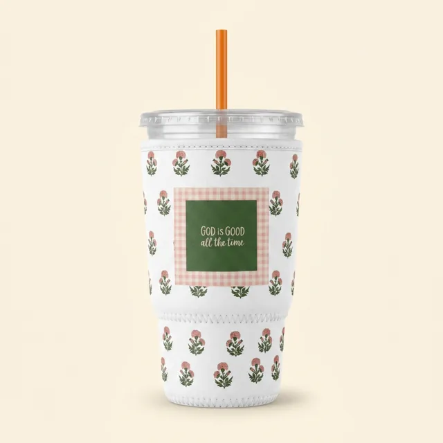 White sleeve printed with a floral pattern and a custom quote panel