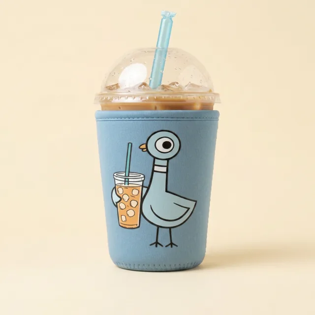Light blue sleeve printed with a cartoon pigeon holding an iced coffee