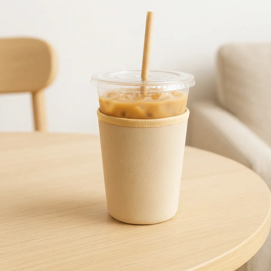 Tan neoprene sleeve on an iced coffee cup resting on a café table