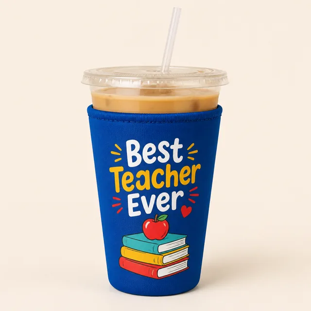 Royal blue sleeve with a clear cup insert printed with a Best Teacher Ever design